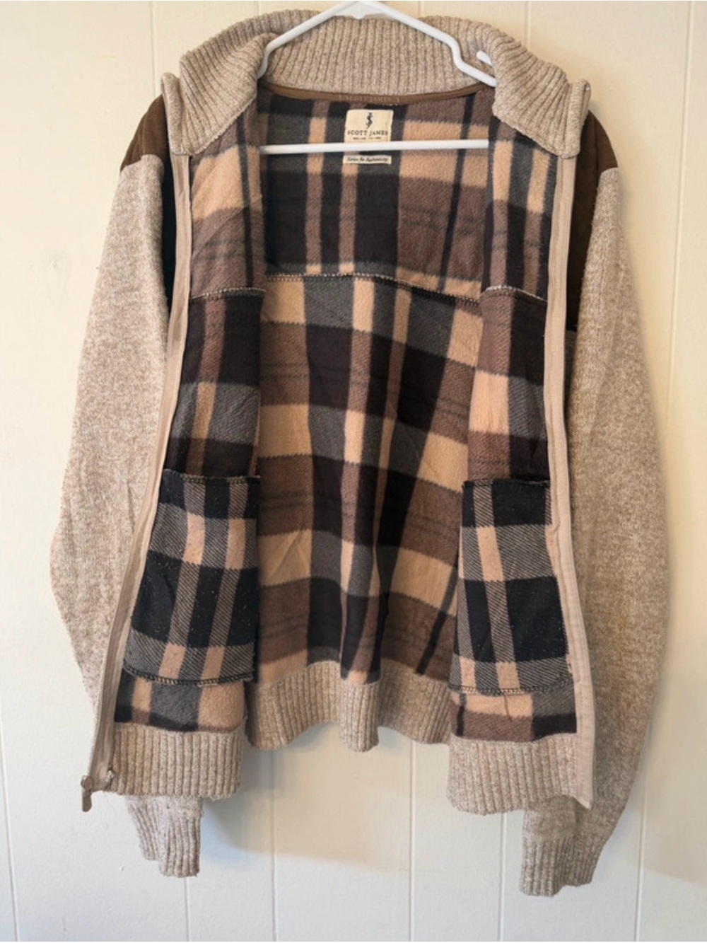 Men's Fleece Plaid Lined Zip Up Knit Sweater Beige/Brown XL Mens Jacket